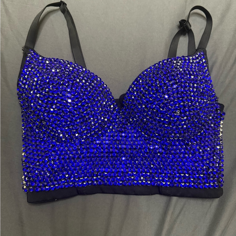 Blue Rhinestone Embellished Bra Crop Top